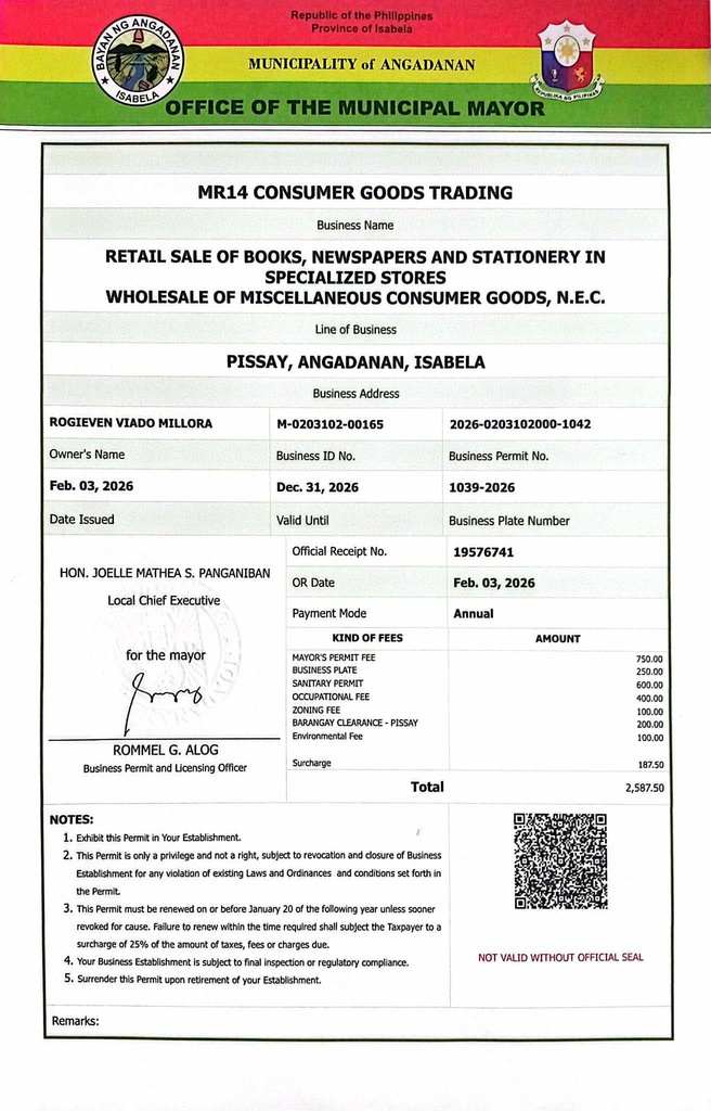 Angadanan Business Permit, reference 2026-0203102000-1042