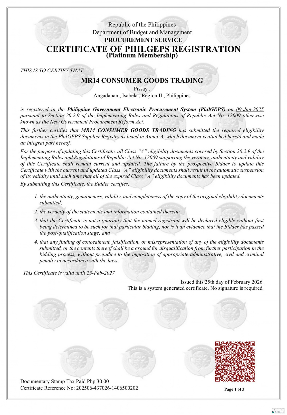 PhilGEPS Registration, reference 202506-437026-1406500202