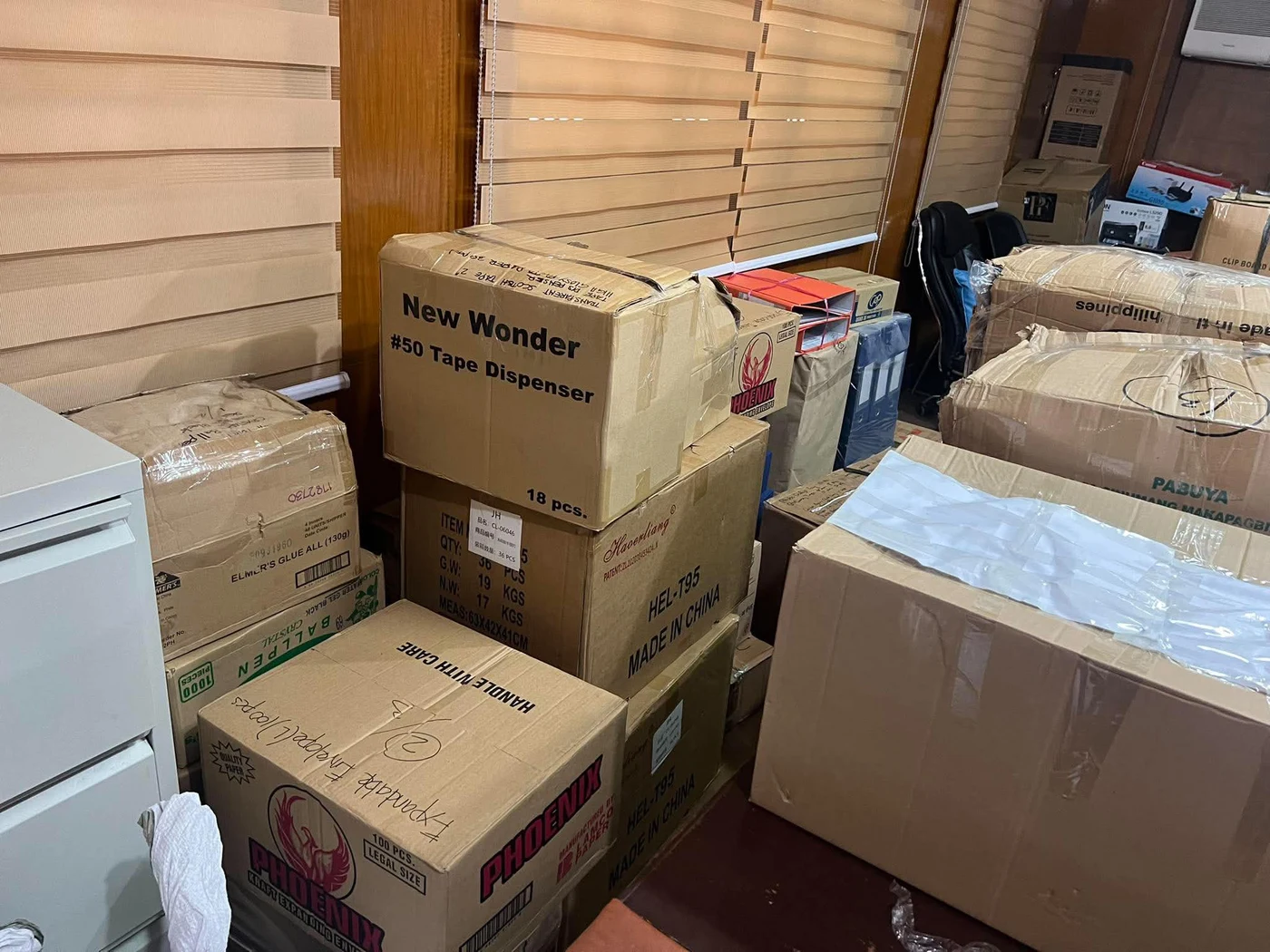Assorted boxed products grouped for warehouse staging
